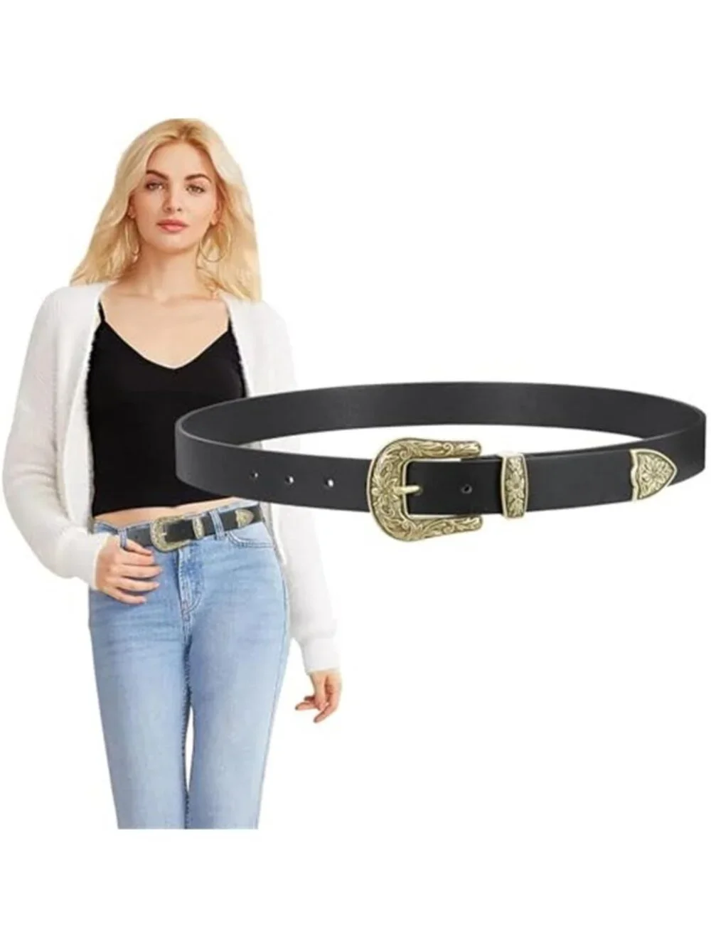Womens Western Belt Floral Buckle PU Leather Cowgirl Waist Belt Adjustable